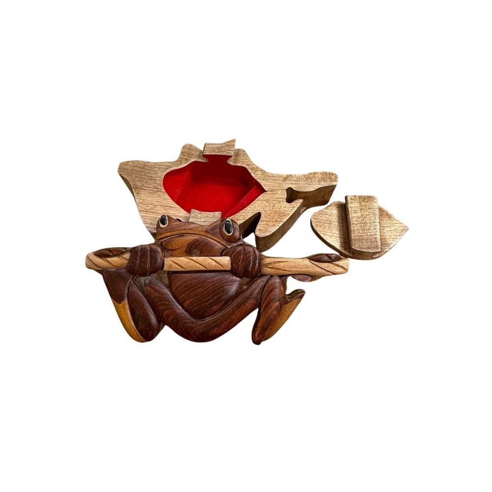 Handmade Wooden Frog Puzzle Box Intarsia Secret Trinket Box Red Velvet Lining